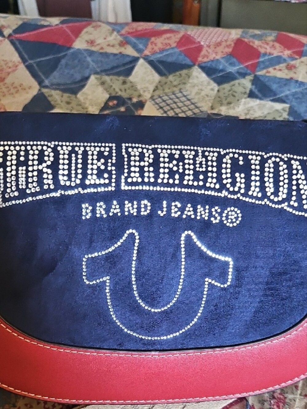 True Religion Navy Suede & Red Leather Rhinestone Crossbody - Picture 7 of 7
